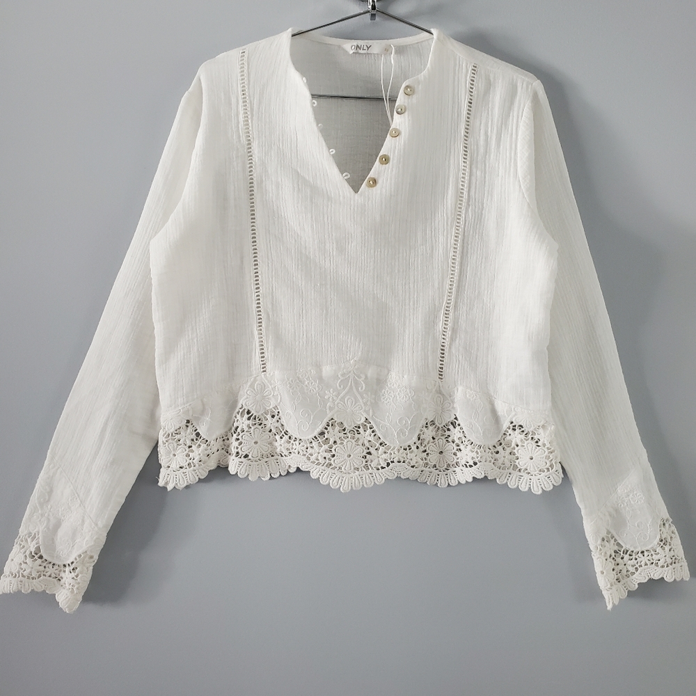 ONLY 100% Cotton Embroidered Long Sleeve Crop Top Size 36/US S